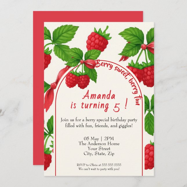 Berry Sweet Raspberry Kindergeburtstag Einladung (Vorne/Hinten)