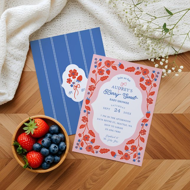 Berry Sweet Strawberries Blueberries & Blooms Einladung (Berry Sweet Strawberries, Blueberries & Blooms Invitation)