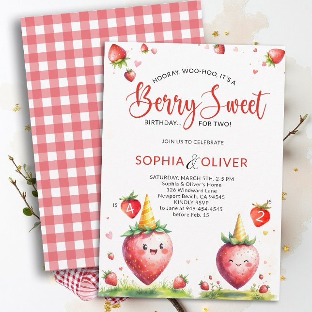 Berry Sweet Strawberries Joint 2 Siblings Birthday Einladung (berry sweet birthday party invitation siblings sisters twins cute strawberries watercolor farmhouse )