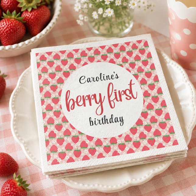 Berry Sweet Strawberry 1. Geburtstag Party Serviette (Berry Sweet Strawberry 1st Birthday Party Napkins)