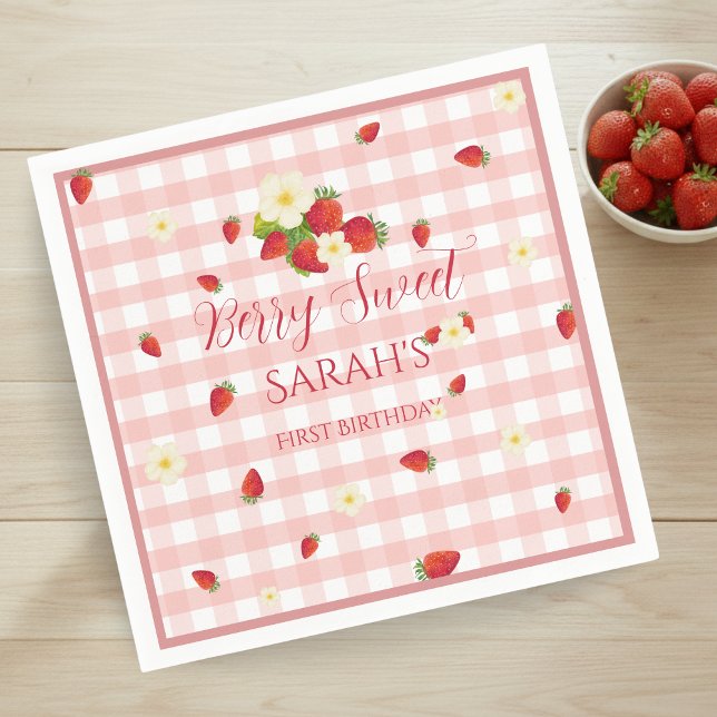 Berry Sweet Strawberry 1. Geburtstagsfeier Serviette (Berry Sweet Strawberry 1st Birthday Party Napkins)