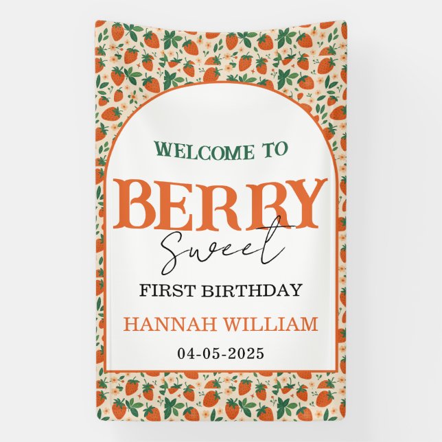 Berry Sweet Strawberry 1st Birthday Party Banner (Vertikal)
