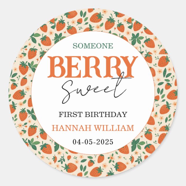 Berry Sweet Strawberry 1st Birthday Party Runder Aufkleber (Vorderseite)