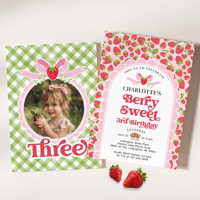 Berry Sweet Strawberry 3. Geburtstag Einladung (Berry Sweet Strawberry 3rd Birthday Invitation)