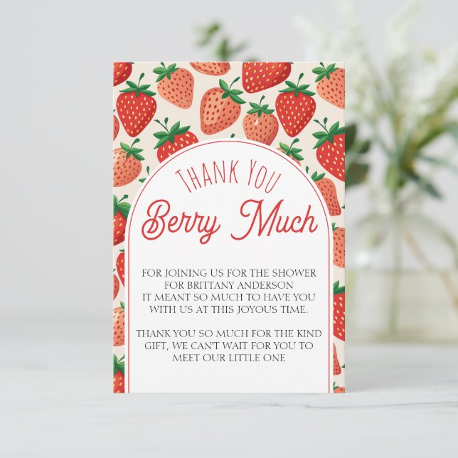 Berry Sweet Strawberry Baby Shower Vielen Dank Begleitkarte (Stehend Vorderseite)