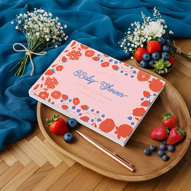 Berry Sweet Strawberry & Blooms Baby Dusche Gästebuch (Berry Sweet Strawberry & Blooms Baby Shower Foil Guest Book)
