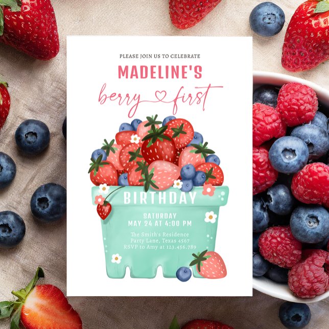 Berry Sweet Strawberry Blueberry Erster Geburtstag Einladung (Von Creator hochgeladen)
