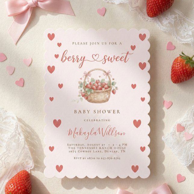 Berry Sweet Strawberry Coquette Hearts Baby shower Einladung (Von Creator hochgeladen)