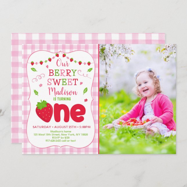 Berry Sweet Strawberry Erster Geburtstag Einladung (Vorne/Hinten)
