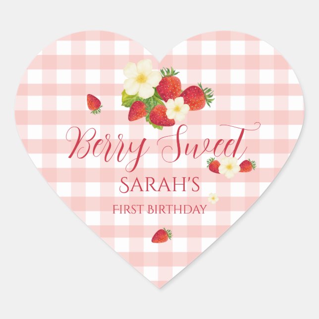 Berry Sweet Strawberry Favor Gift 1st Birthday  Herz-Aufkleber (Vorderseite)