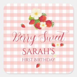 Berry Sweet Strawberry Favor Gift 1st Birthday  Quadratischer Aufkleber