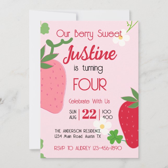 Berry Sweet Strawberry Geburtstagsparty Einladung (Vorderseite)