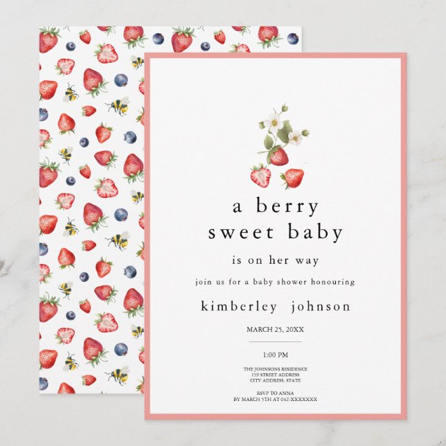 Berry Sweet Strawberry Girl Baby Shower Einladung (Vorne/Hinten)