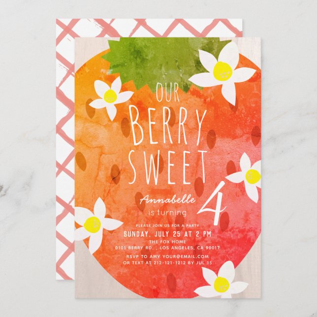 Berry Sweet Strawberry Girl Birthday Einladung (Vorne/Hinten)
