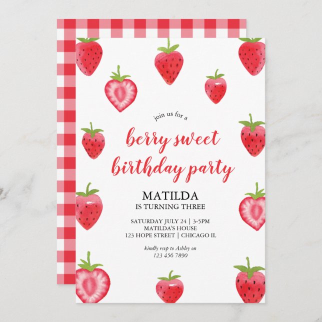 Berry Sweet Strawberry Girl Birthday Einladung (Vorne/Hinten)