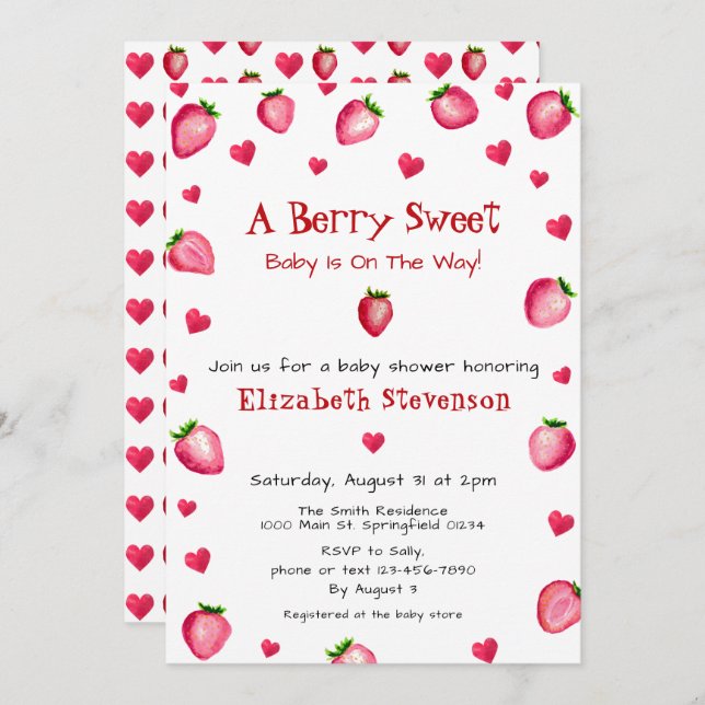 Berry Sweet Strawberry Hearts Unisex Baby Shower Einladung (Vorne/Hinten)
