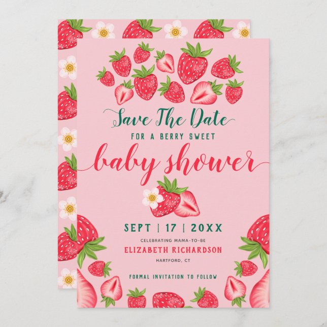 Berry Sweet Strawberry Niedlich Pink Baby Dusche Save The Date (Vorne/Hinten)