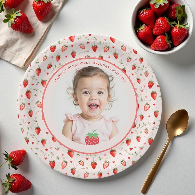 Berry Sweet Strawberry Patch Photo 1st Birthday Pappteller (berry first birthday party photo paper plate girls strawberry 1st watercolor summer farmhouse patch)