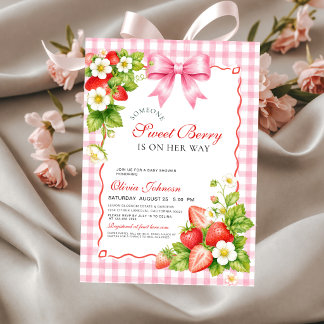 Berry Sweet Strawberry Pink Gingham Babyparty Einladung