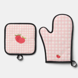 Berry Sweet Strawberry Pink Gingham | Partydekorat Ofenhandschuh & Topflappen-Set