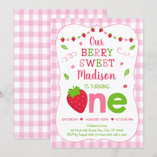 Berry Sweet Strawberry Pink Green Erster Geburtsta Einladung