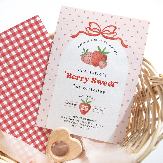 Berry Sweet Strawberry Red Bow Erster Geburtstag Einladung (Von Creator hochgeladen)