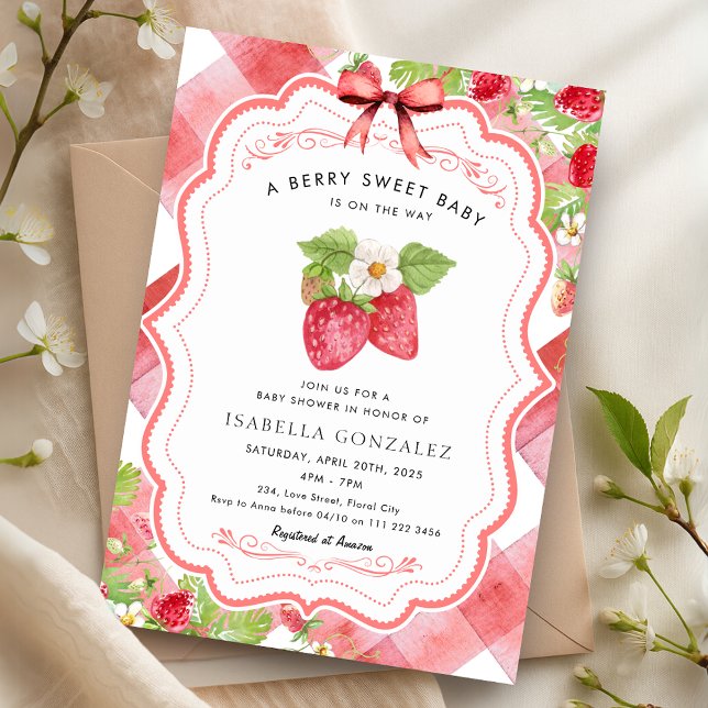 Berry Sweet Strawberry Red Gingham Baby Shower Einladung (Berry Sweet Strawberry Red Gingham Baby Shower Invitation)