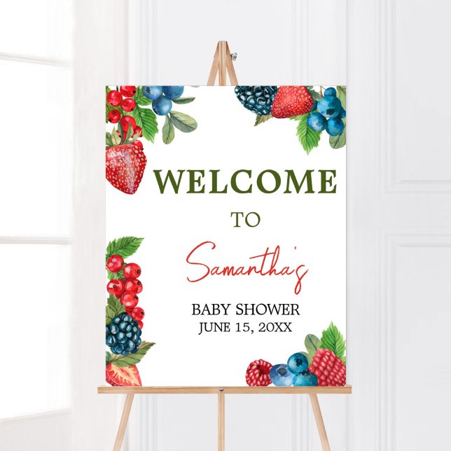 Berry Sweet Summer Baby Dusche Willkommen Poster (Red and Blue Berries Baby Shower Welcome Sign)