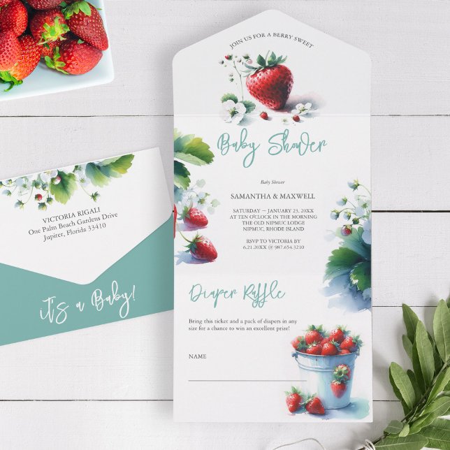 Berry Sweet Watercolor Strawberry Babydusche All In One Einladung (Strawberry baby shower invitation with detachable diaper raffle card watercolor )