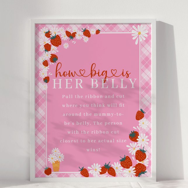 Berry Sweet Wie groß ist ihr Baby-Duschspiel Poster (Someone Berry Sweet Way Summer Daisy Flower & Strawberry Pink Plaid How Big is Her Belly Baby Shower)