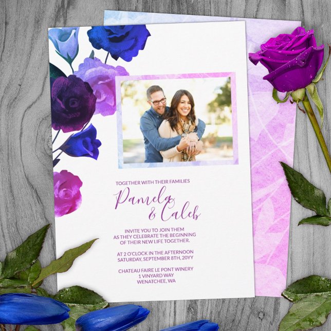 Berry Violet, Royal Blue, Pink Roses Wedding Einladung (Purple pink blue wine red wedding bouquet garden wedding summer botanical wedding invitations berry)