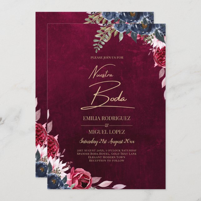 Berry Wine Floral Wedding Einladung (Vorne/Hinten)