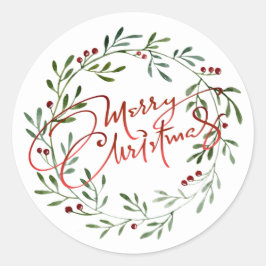 Berry Wreath Gradient Red Script Frohe Weihnachten Runder Aufkleber