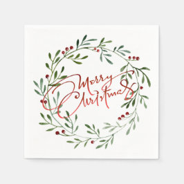 Berry Wreath Gradient Red Script Frohe Weihnachten Serviette