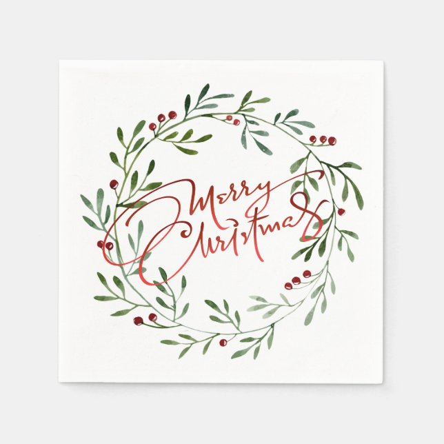 Berry Wreath Gradient Red Script Frohe Weihnachten Serviette (Vorderseite)