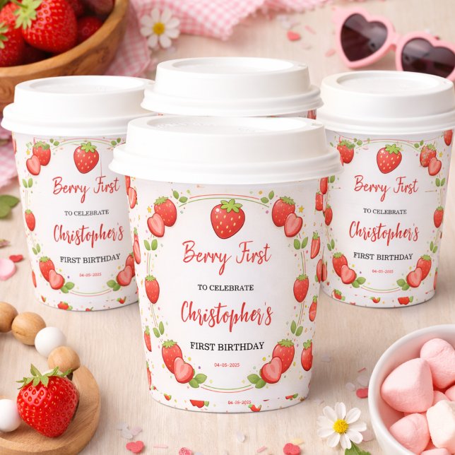 Berrys erster Geburtstag | Erdbeeren 1. Geburtstag Pappbecher (Berry First Birthday | Strawberry 1st Birthday Paper Cups)