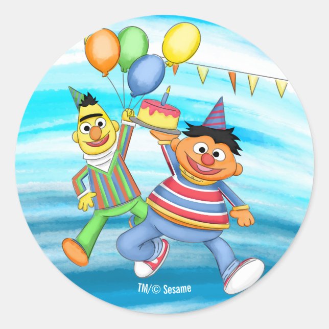Bert und Ernie Birthday Balloons Runder Aufkleber (Vorderseite)