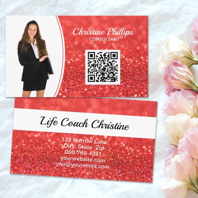 Beruflich Coral Imitats Glitzer Custom Foto QR Visitenkarte (The faux orange glitter business card is ready for your QR code link and photo to highlight you. )
