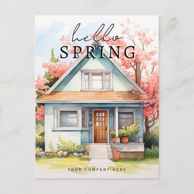 Beruflich Hello Spring Watercolor House Realty Postkarte (Vorderseite)