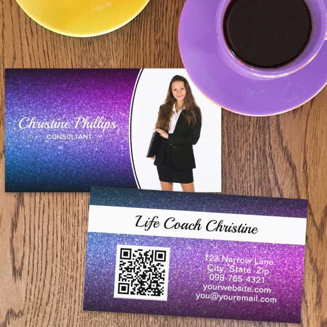 Beruflich Lila Ombre Glitzer Custom Foto QR Visitenkarte (Von Creator hochgeladen)
