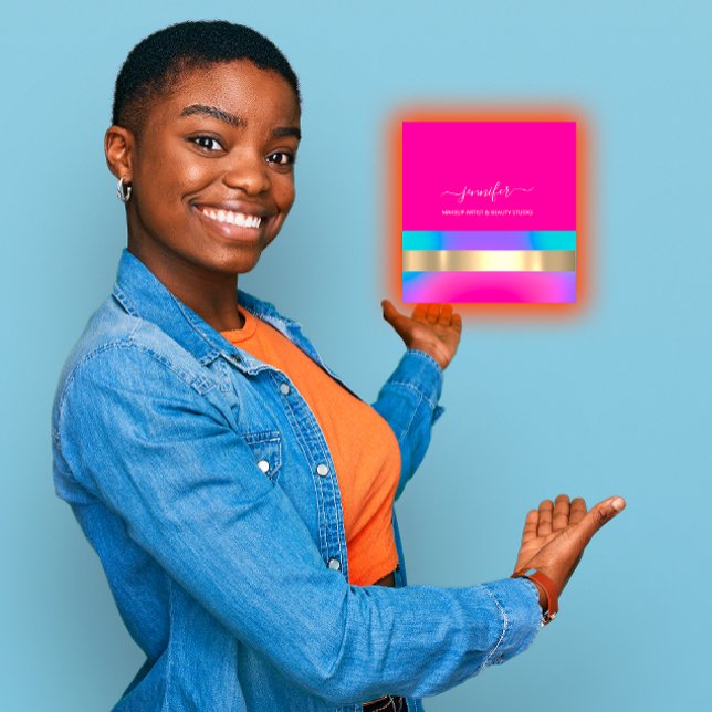 Beruflich Makeup Artist Holographic Blue Pink Quadratische Visitenkarte (Professional Makeup Artist Holographic Blue Pink Square Business Card)