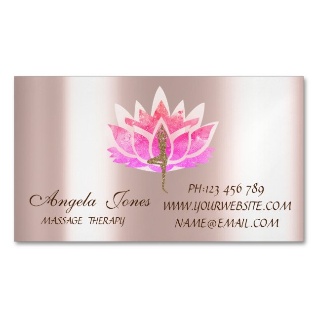 Beruflich Modern Pink Lotus Blume Yoga Girl Magnetische Visitenkarte (Vorderseite)