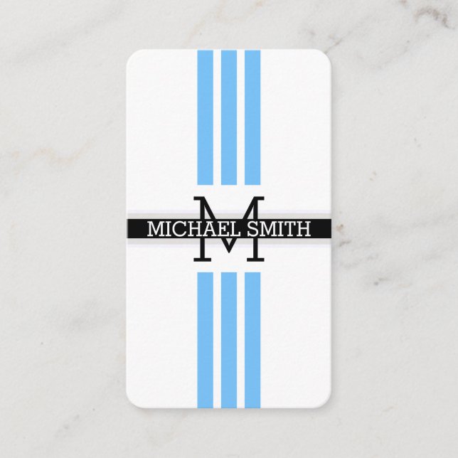 Beruflich Monogram Modern Maya Blue Stripes Visitenkarte (Vorderseite)