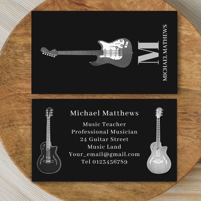 Beruflich Musiker Gitarrenmusiklehrer Visitenkarte (Modern Guitar music tutor professional musician black gray Business card simple minimalist design)