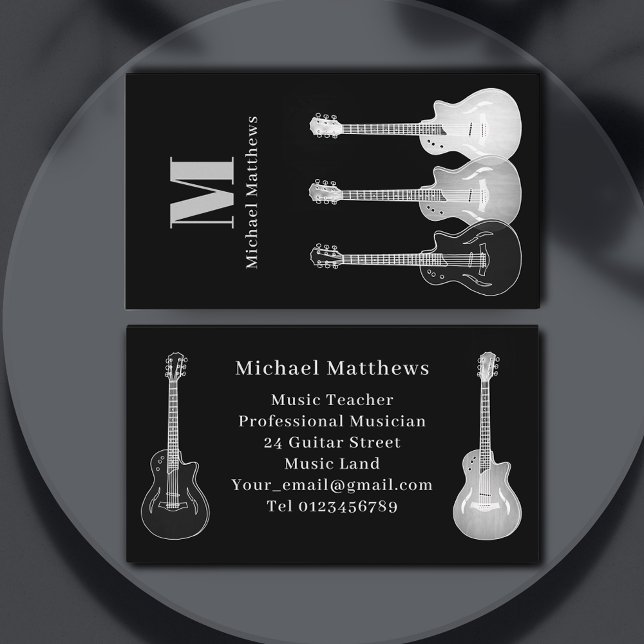 Beruflich Musiker Gitarrenmusiklehrer Visitenkarte (Music teacher professional musician black and white guitar business card)