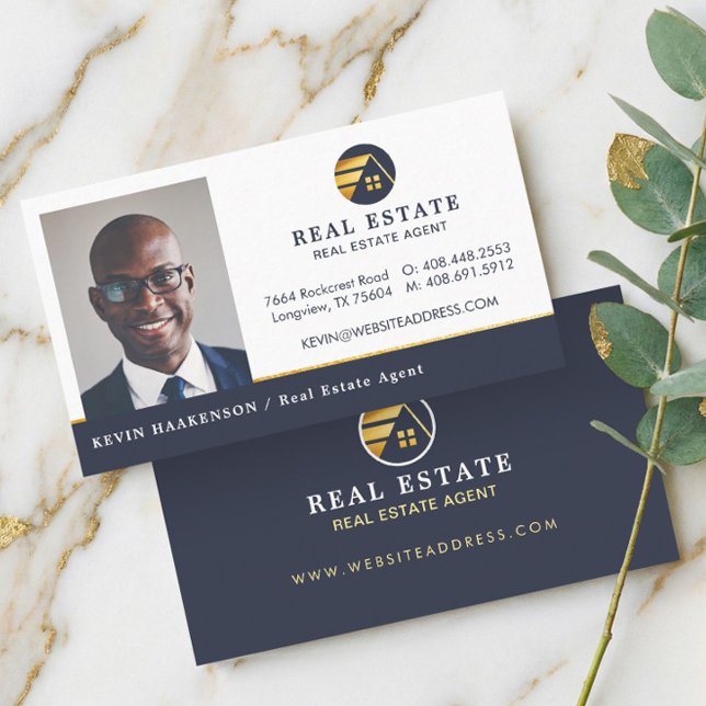 Beruflich Real Anwesen | Horizontales Foto Visitenkarte (Navy Gold Professional Real Estate Agent Photo Business Card)