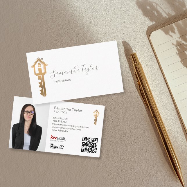 Beruflich Realtor Real Anwesen Hinzufügen Foto QR  Visitenkarte (gold realtor key logo)