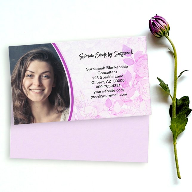 Beruflich rosa floraler Hintergrund Benutzerdefini Visitenkarte (floral front and pink back custom photo business card design)