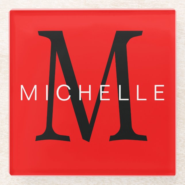 Beruflich-Rot-Monogramm Ihr Name Glasuntersetzer (Vorderseite)