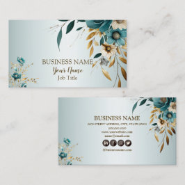 Beruflich Türkis Weiße Blume Goldene Blätter Visitenkarte